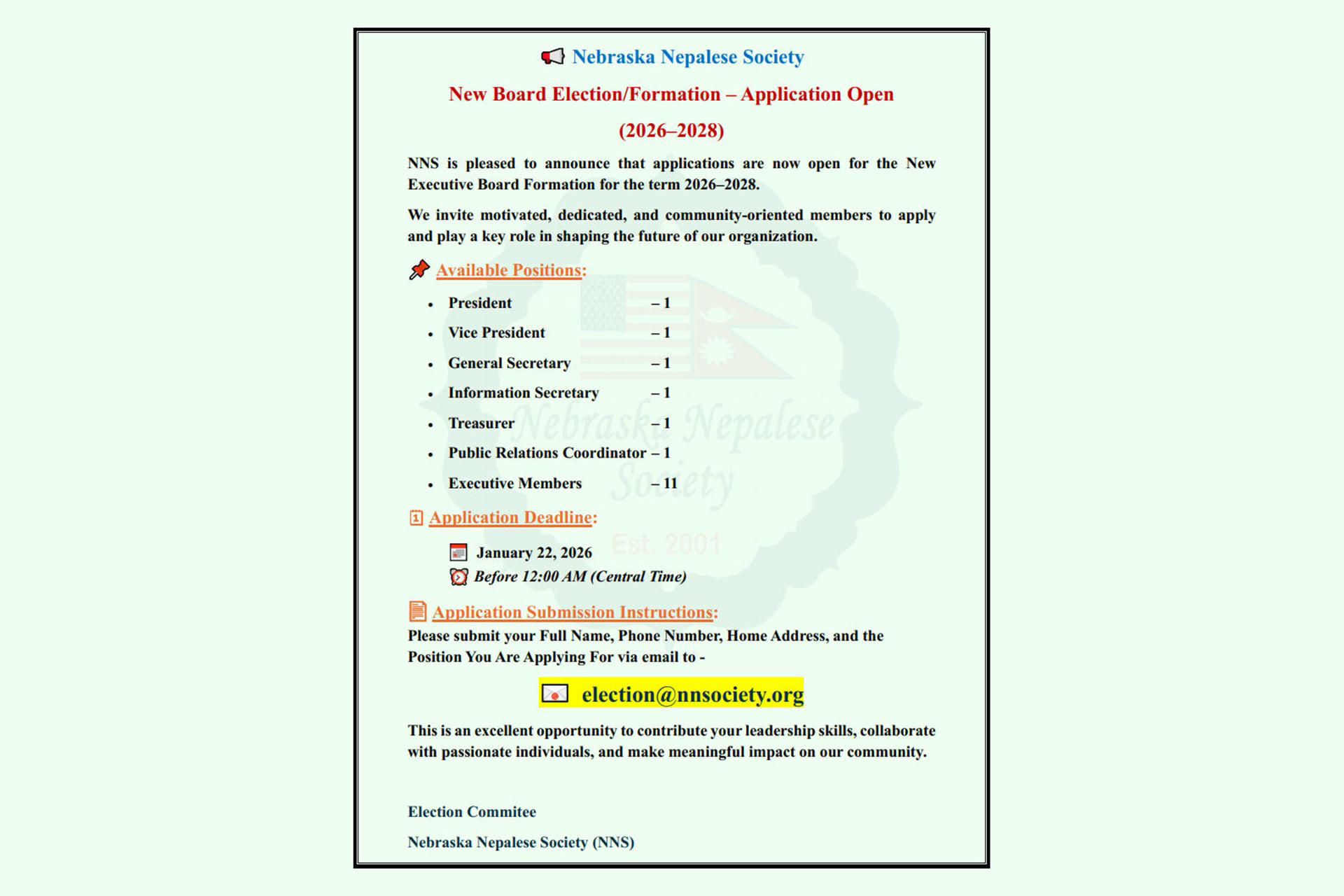 Nebraska Nepalese Society Opens Applications for New Executive Board (2026–2028